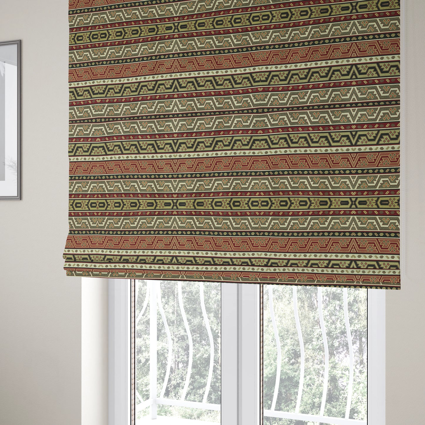 Persia Aztec Burgundy Red White Chenille Upholstery Fabric Geometric Kilim Stripe CTR-774 - Roman Blinds