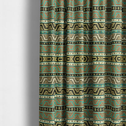 Persia Aztec Teal Blue White Chenille Upholstery Fabric Geometric Kilim Stripe CTR-776 - Made To Measure Curtains