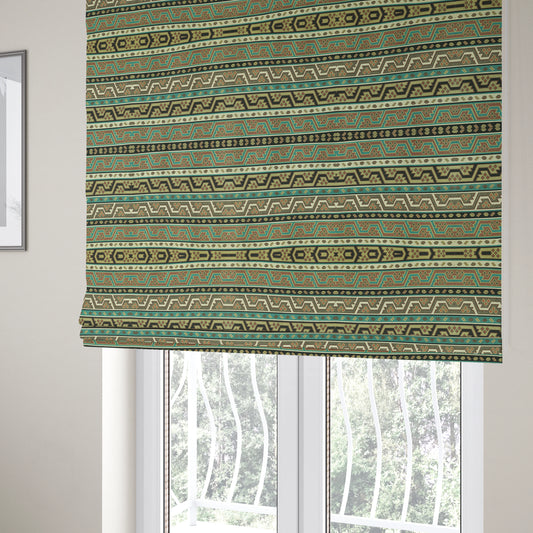 Persia Aztec Teal Blue White Chenille Upholstery Fabric Geometric Kilim Stripe CTR-776 - Roman Blinds