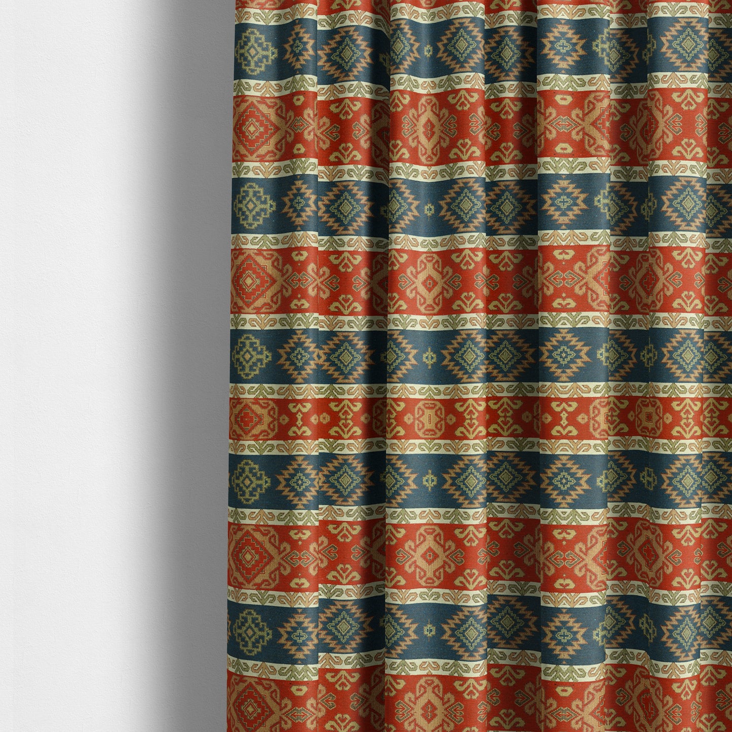 Persia Aztec Red Blue White Furnishing Fabric Traditional Kilim Stripe Pattern CTR-777 - Made To Measure Curtains