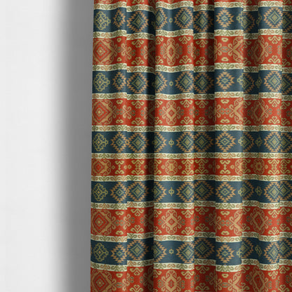 Persia Aztec Red Blue White Furnishing Fabric Traditional Kilim Stripe Pattern CTR-777 - Made To Measure Curtains