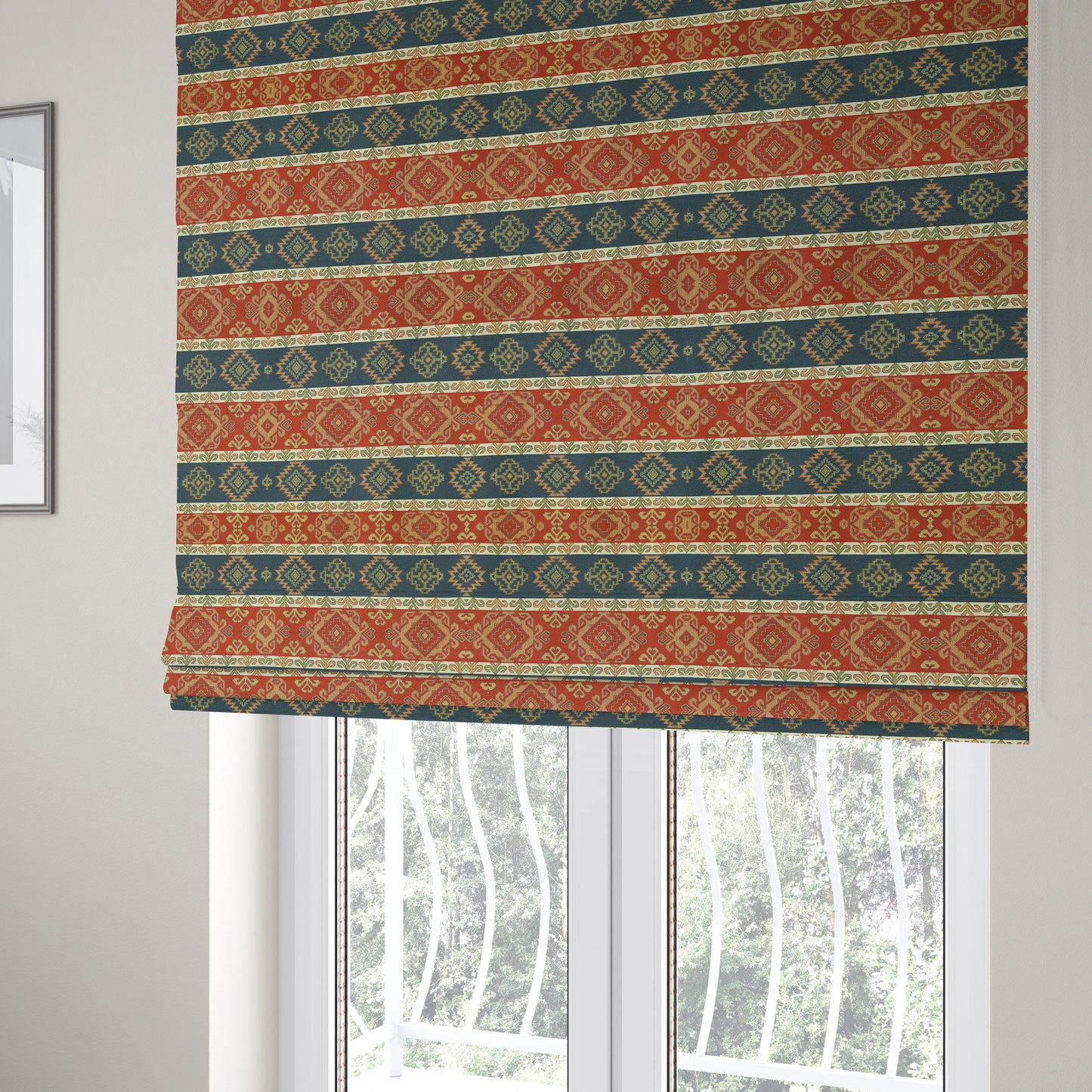 Persia Aztec Red Blue White Furnishing Fabric Traditional Kilim Stripe Pattern CTR-777 - Roman Blinds