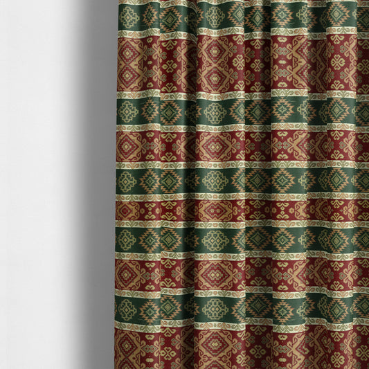 Persia Aztec Burgundy Red Green Furnishing Fabric Traditional Kilim Stripe Pattern CTR-778 - Made To Measure Curtains