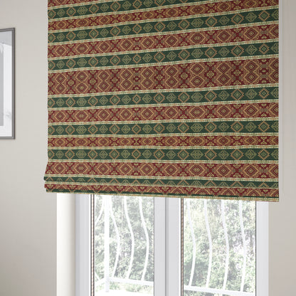 Persia Aztec Burgundy Red Green Furnishing Fabric Traditional Kilim Stripe Pattern CTR-778 - Roman Blinds