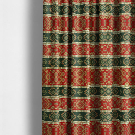 Persia Aztec Red Green Curtain Furnishing Fabric Traditional Kilim Stripe Pattern CTR-779 - Made To Measure Curtains