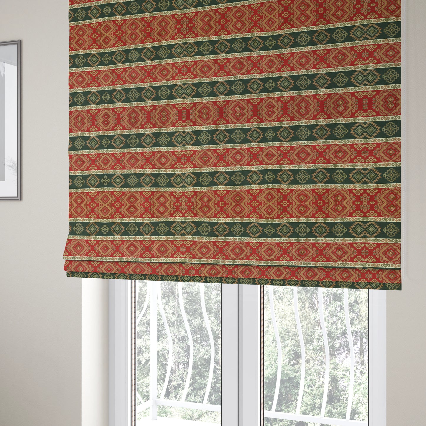 Persia Aztec Red Green Curtain Furnishing Fabric Traditional Kilim Stripe Pattern CTR-779 - Roman Blinds