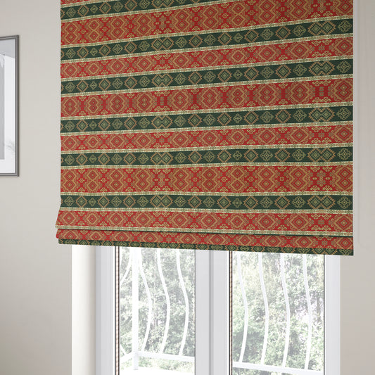 Persia Aztec Red Green Curtain Furnishing Fabric Traditional Kilim Stripe Pattern CTR-779 - Roman Blinds