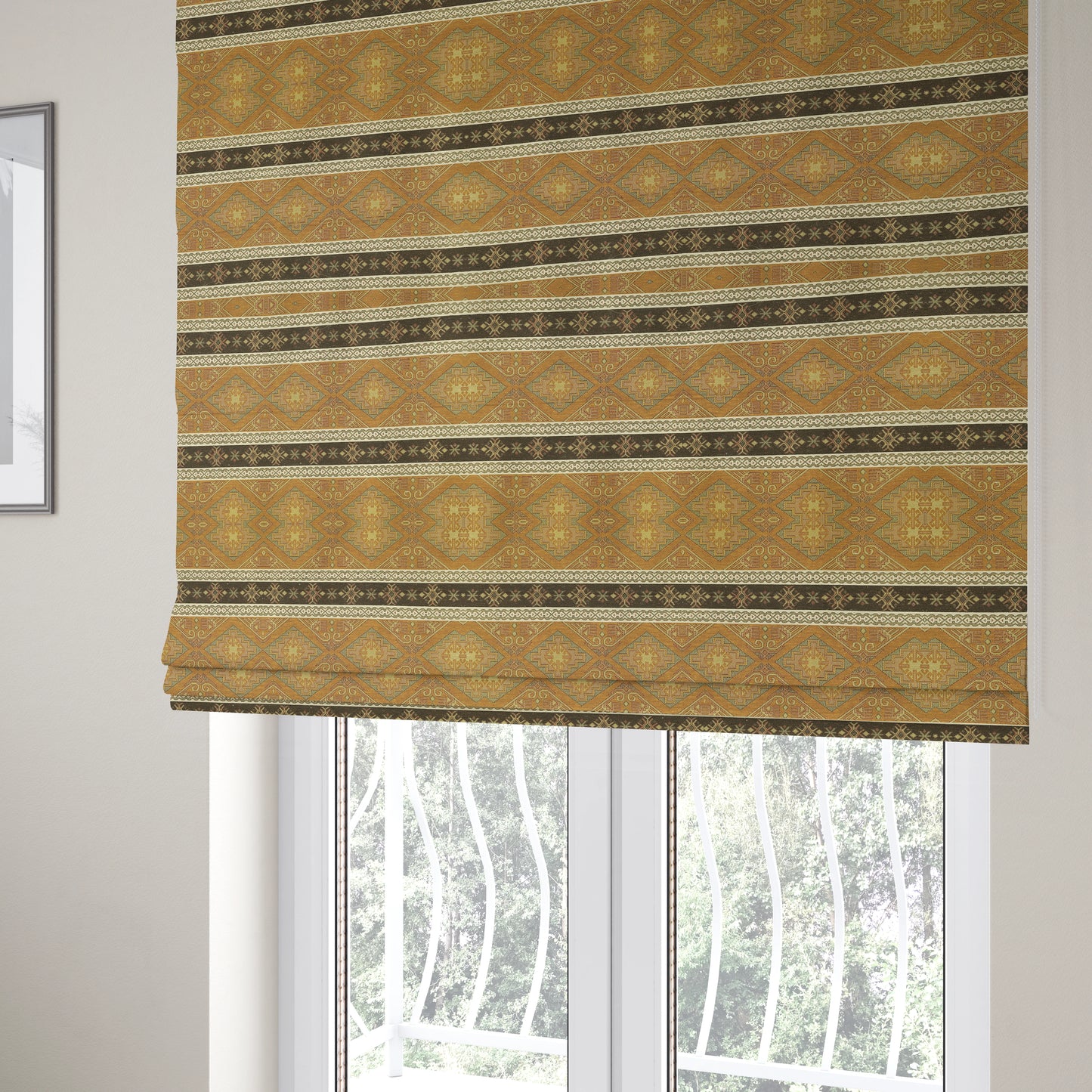 Persia Aztec Yellow Brown Furnishing Fabric Traditional Kilim Stripe Pattern CTR-780 - Roman Blinds