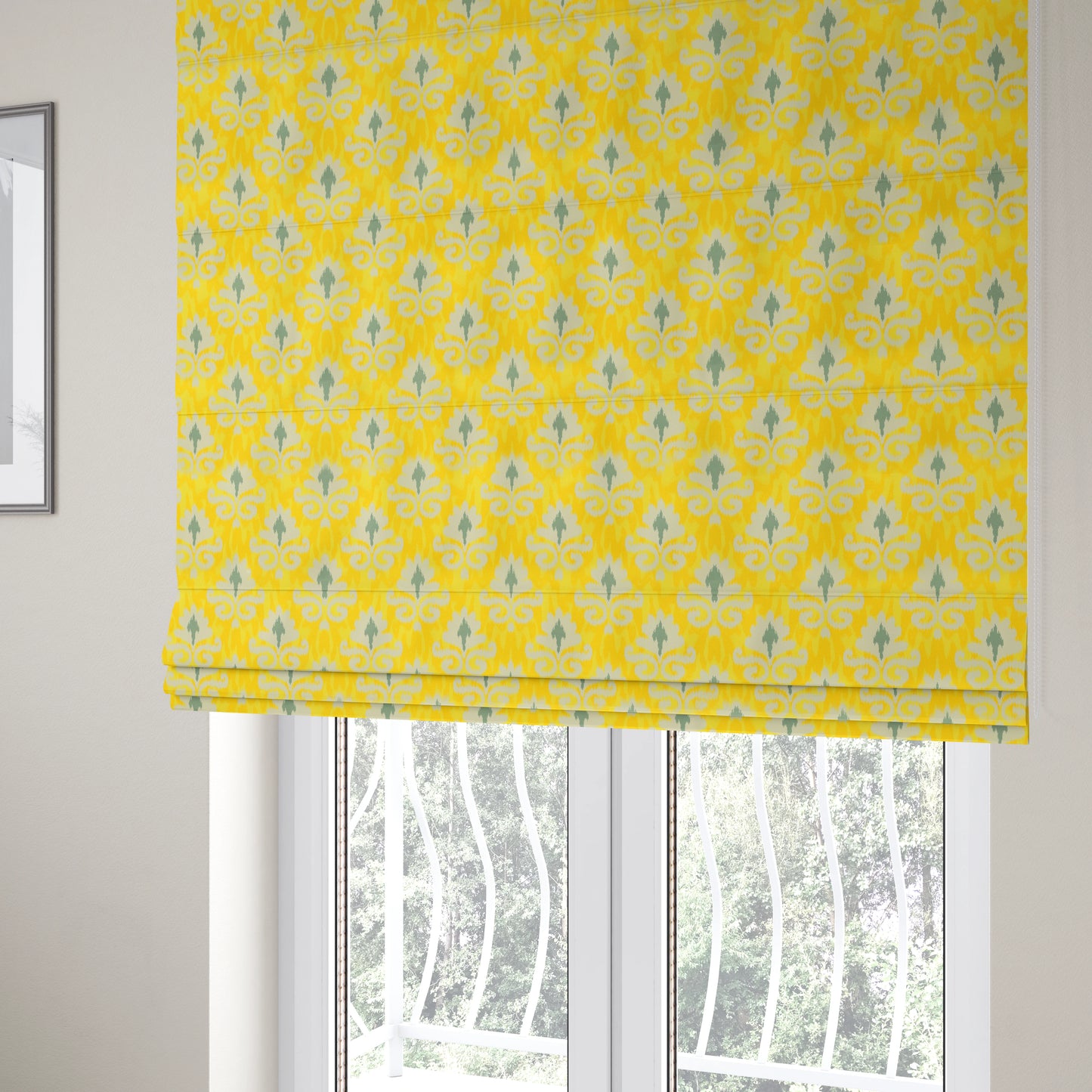 Freedom Printed Velvet Fabric Collection Damask Pattern In Yellow Grey Colour Upholstery Fabric CTR-83 - Roman Blinds