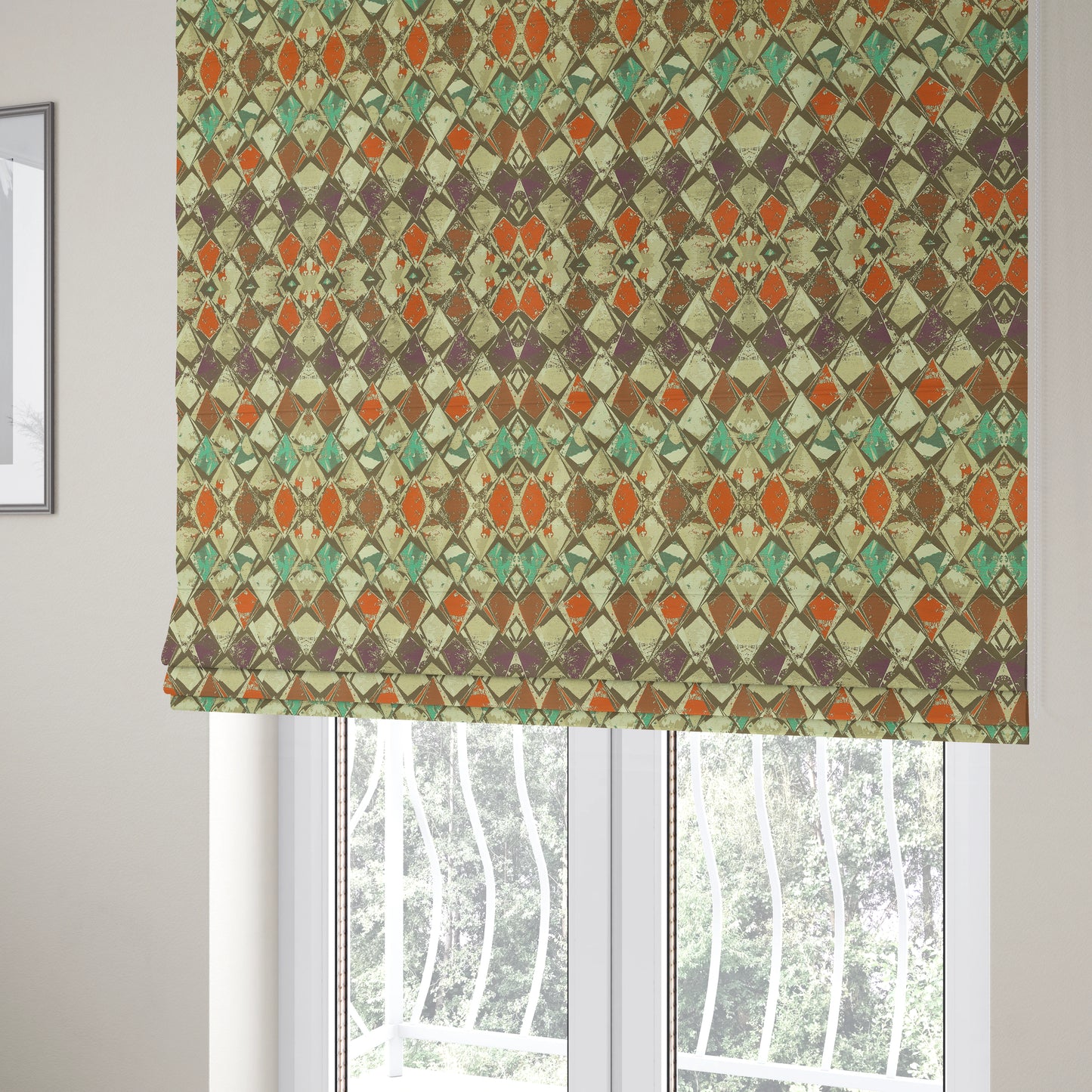 Hawaii Modern Diamond Geometric Pattern Teal Orange Purple Chenille Upholstery Fabrics CTR-833 - Roman Blinds