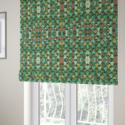 Hawaii Modern Diamond Geometric Pattern Teal Green Yellow Chenille Upholstery Fabrics CTR-836 - Roman Blinds