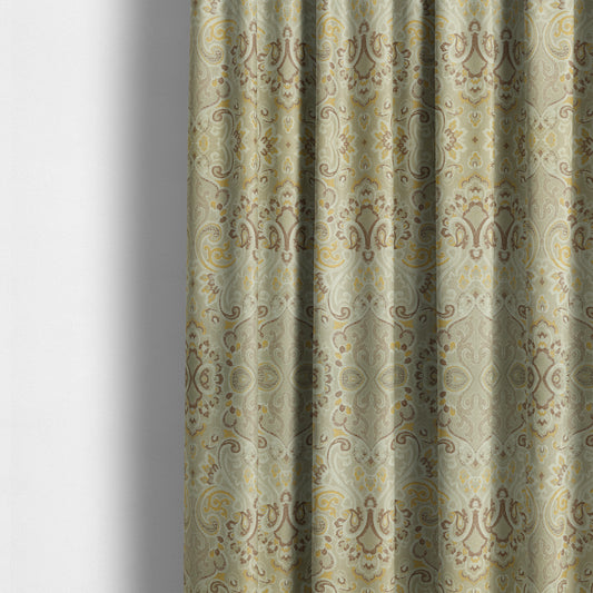 Sakura Damask Colourful Pattern Yellow Brown Chenille Upholstery Furnishing Fabric CTR-867 - Made To Measure Curtains