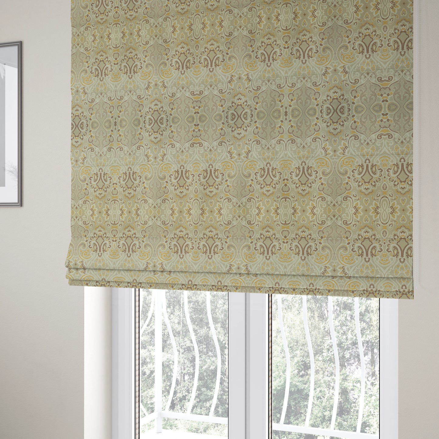 Sakura Damask Colourful Pattern Yellow Brown Chenille Upholstery Furnishing Fabric CTR-867 - Roman Blinds