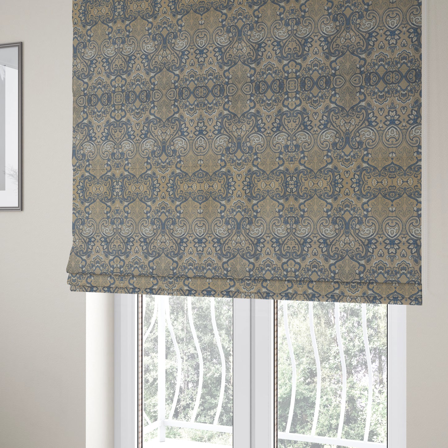 Sakura Damask Colourful Pattern Blue Chenille Upholstery Furnishing Fabric CTR-869 - Roman Blinds