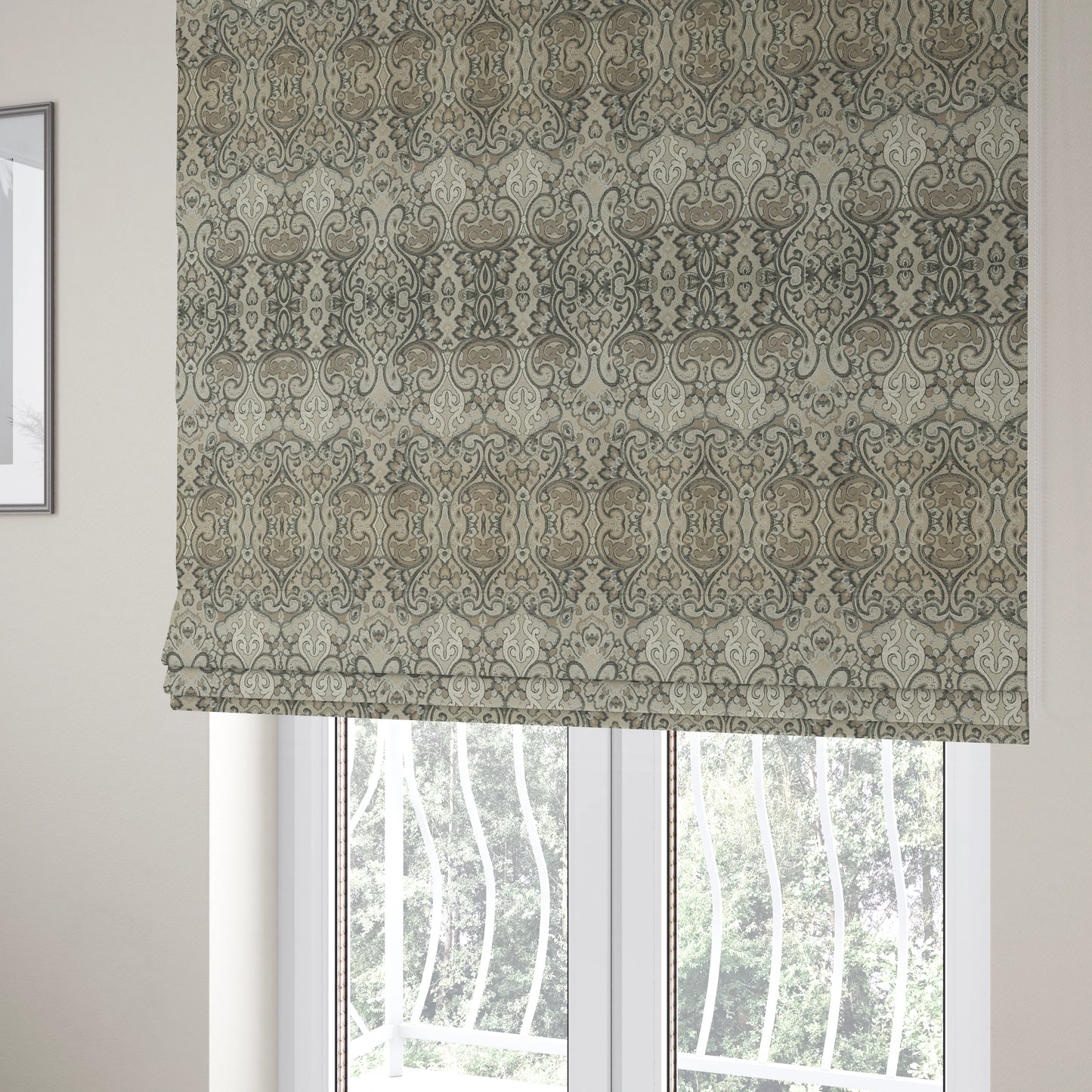 Sakura Damask Colourful Pattern Grey White Chenille Upholstery Furnishing Fabric CTR-870 - Roman Blinds