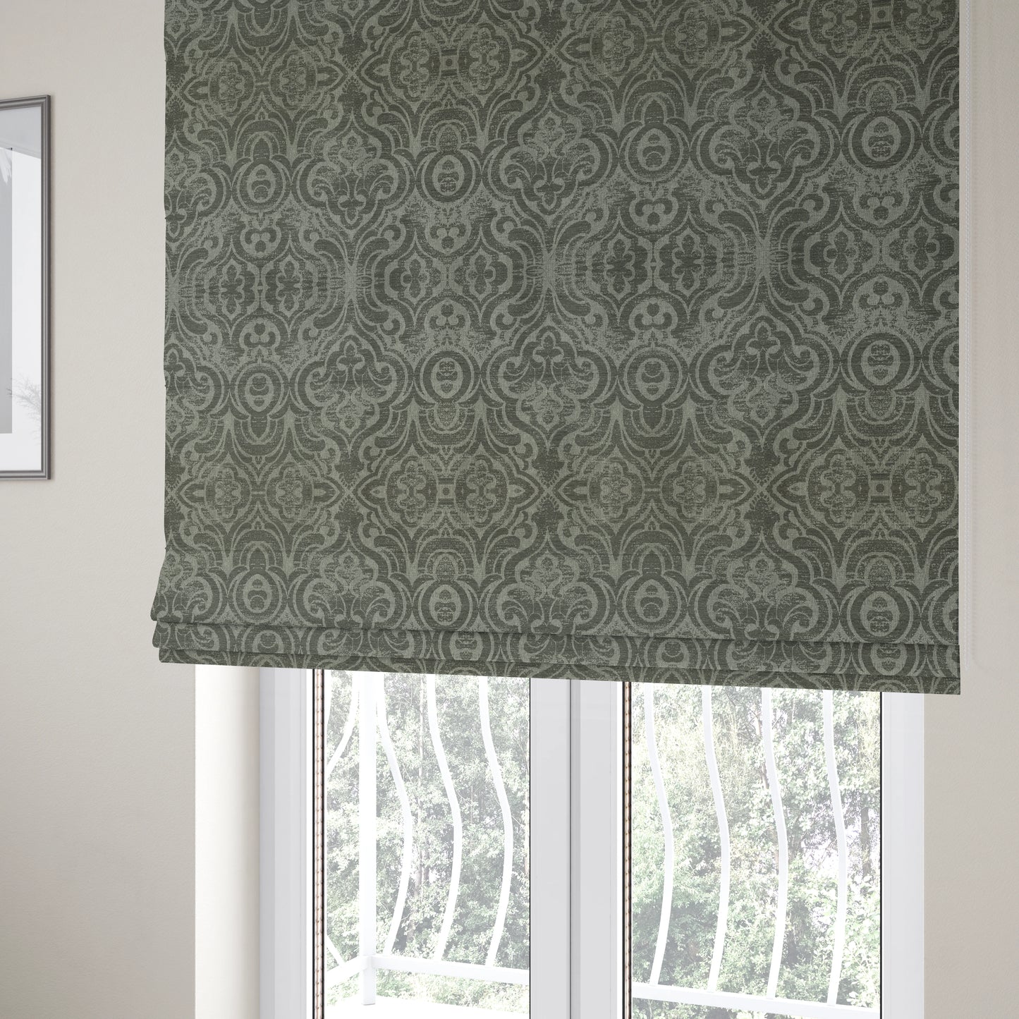 Olympos Mono Tone Faded Damask Pattern Grey Colour Chenille Upholstery Fabric CTR-873 - Roman Blinds