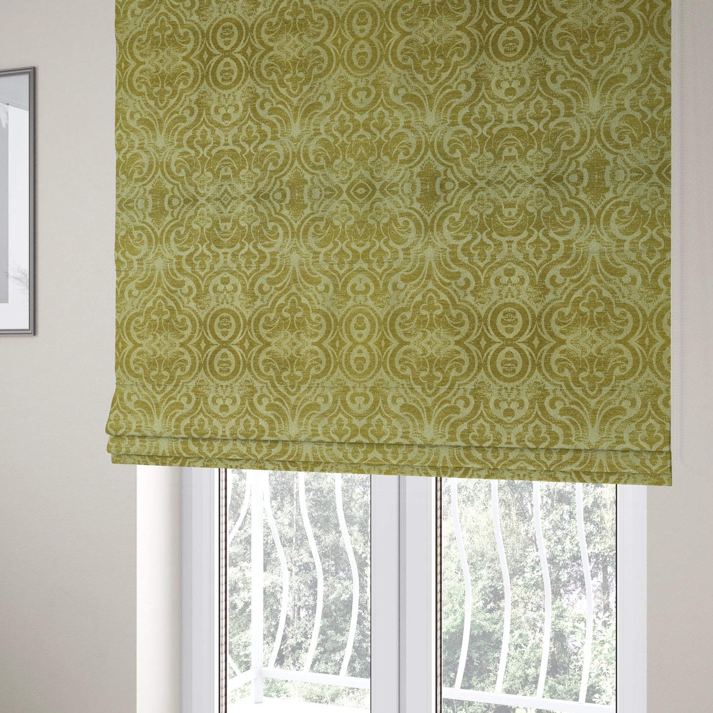 Olympos Mono Tone Faded Damask Pattern Green Colour Chenille Upholstery Fabric CTR-883 - Roman Blinds