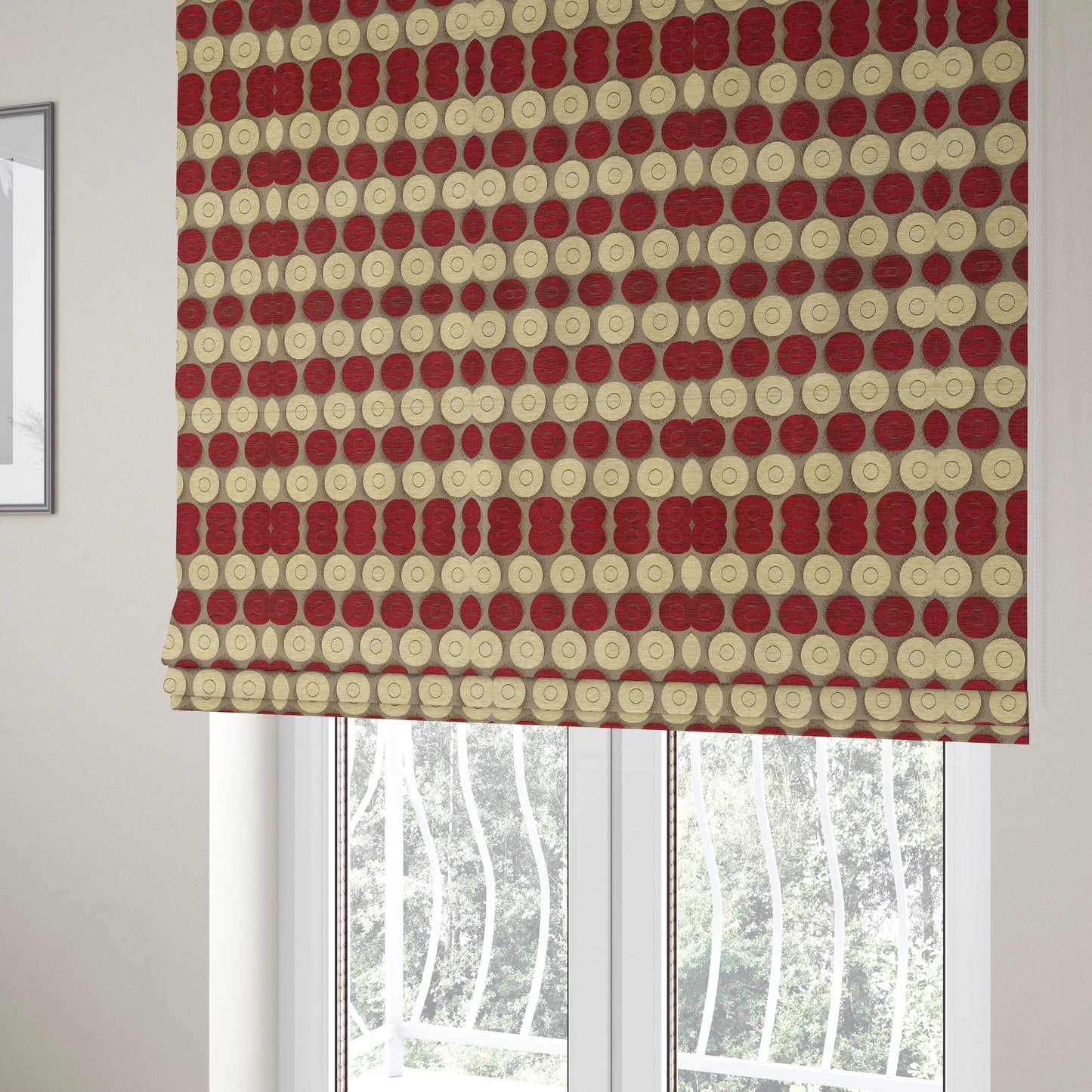 Chinaz Circular Geometric Pattern Chenille Upholstery Fabric Gold Beige Red Colour CTR-889 - Roman Blinds