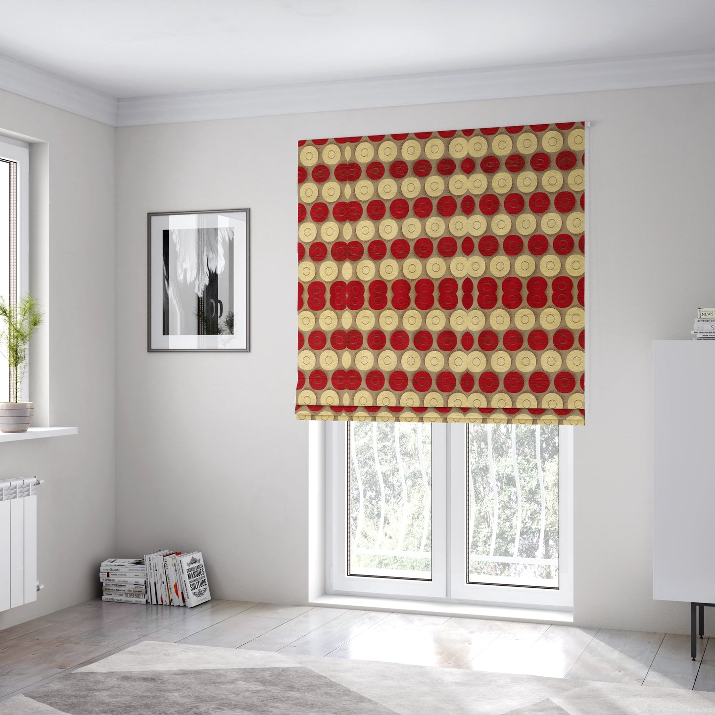 Chinaz Circular Geometric Pattern Chenille Upholstery Fabric Gold Beige Red Colour CTR-889 - Roman Blinds