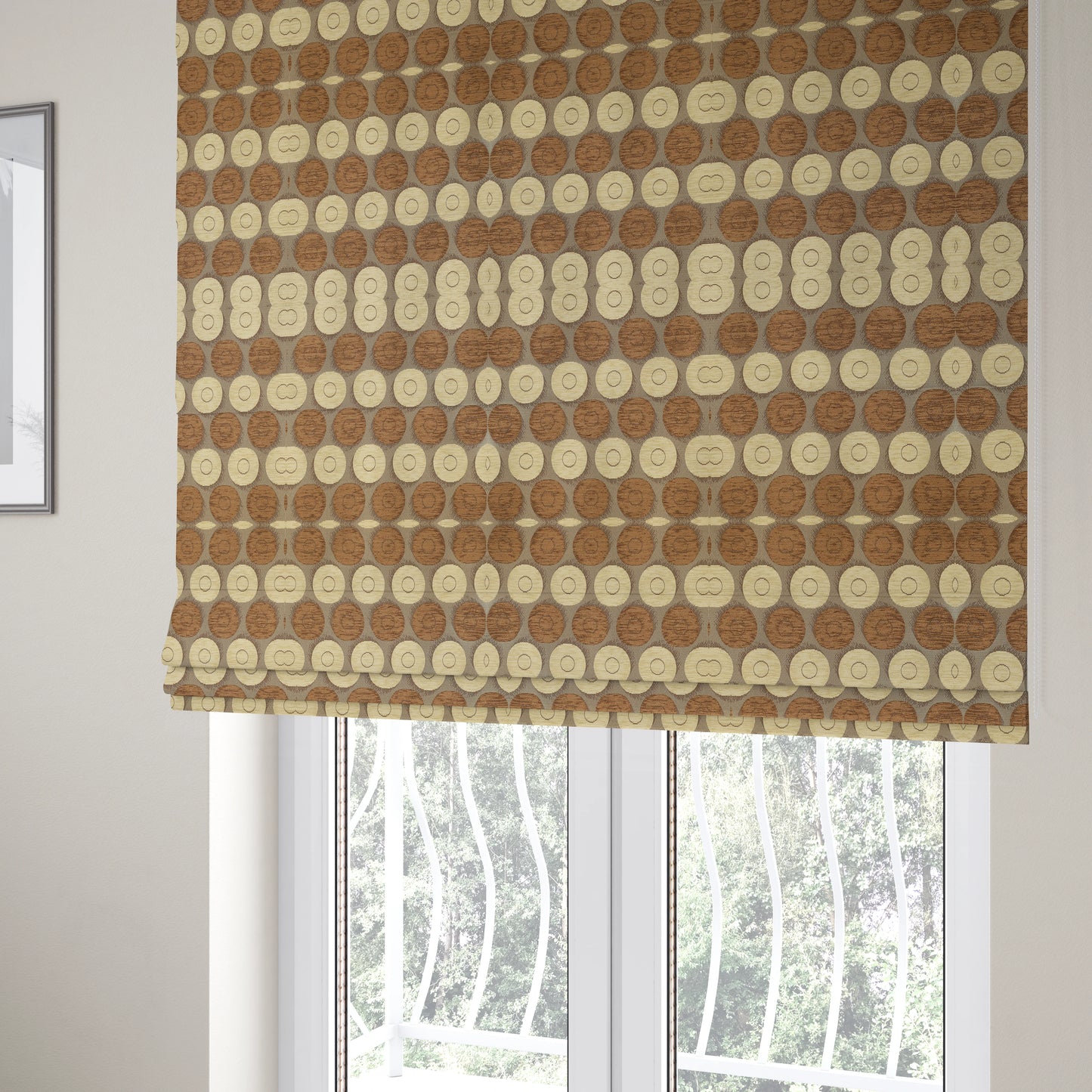 Chinaz Circular Geometric Pattern Chenille Upholstery Fabric Gold Beige Brown Colour CTR-890 - Roman Blinds