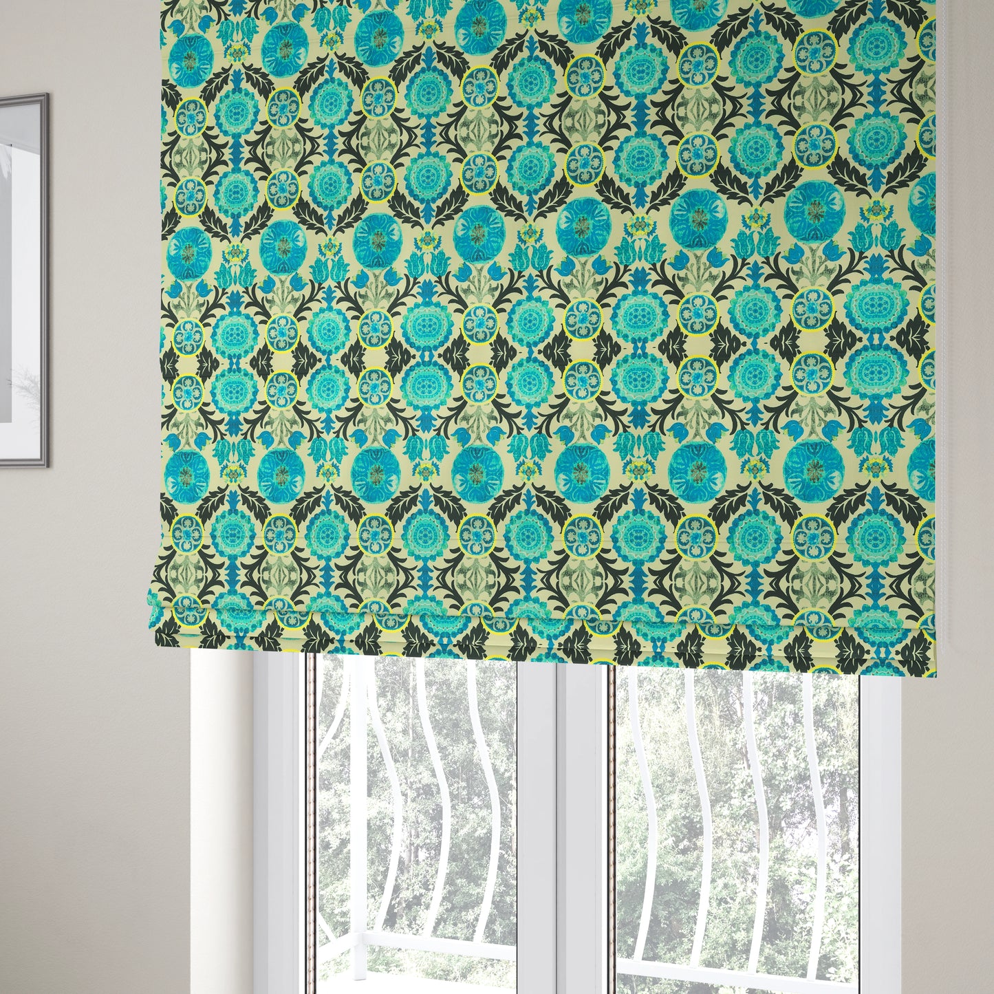 Freedom Printed Velvet Fabric Collection Colourful Blue Green Colour Floral Theme Pattern Upholstery Fabric CTR-91 - Roman Blinds