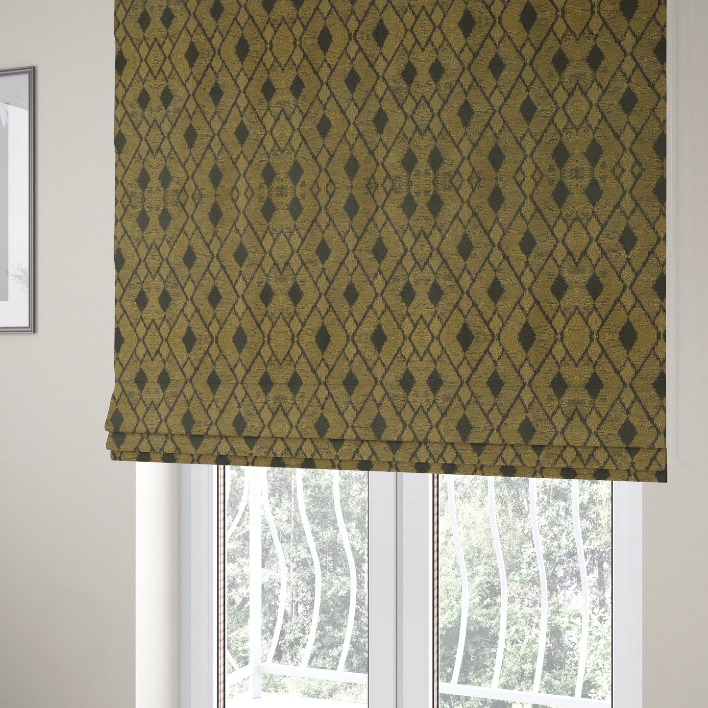 Fabriano Diamond Pattern Chenille Type Yellow Black Upholstery Fabric CTR-918 - Roman Blinds