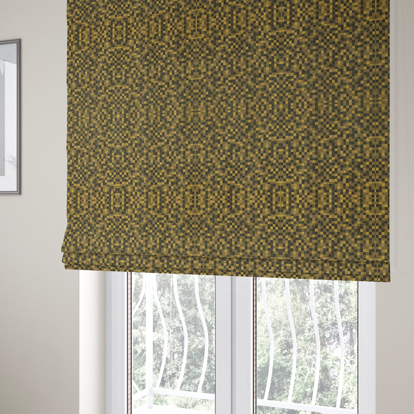 Fabriano Squared Pattern Chenille Type Yellow Black Upholstery Fabric CTR-927 - Roman Blinds