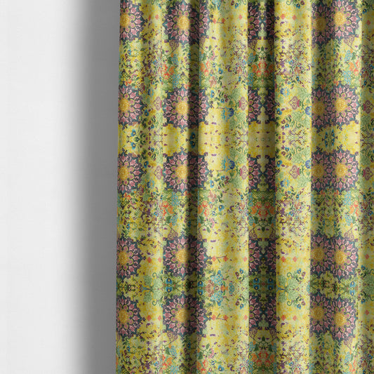 Glamour Floral Collection Print Velvet Upholstery Fabric Yellow Purple Multi Coloured CTR-972 - Made To Measure Curtains