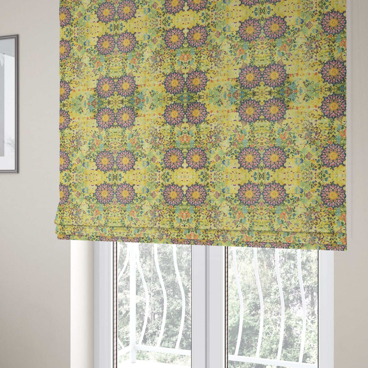 Glamour Floral Collection Print Velvet Upholstery Fabric Yellow Purple Multi Coloured CTR-972 - Roman Blinds