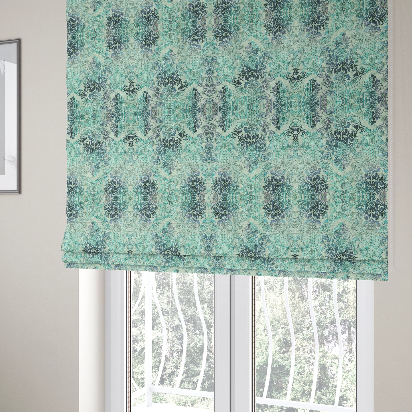 Glamour Floral Collection Print Velvet Upholstery Fabric Blue Teal Damask Pattern CTR-974 - Roman Blinds