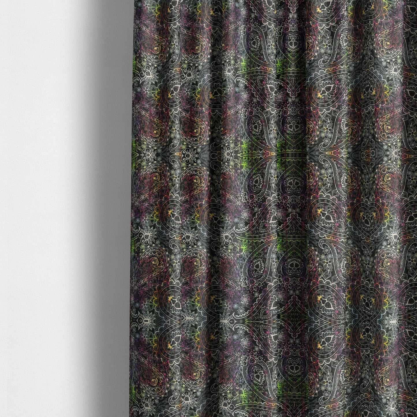 Glamour Floral Collection Print Velvet Upholstery Fabric Black Colourful Paisley Pattern CTR-975 - Made To Measure Curtains