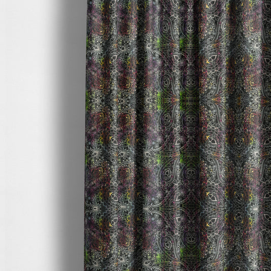 Glamour Floral Collection Print Velvet Upholstery Fabric Black Colourful Paisley Pattern CTR-975 - Made To Measure Curtains