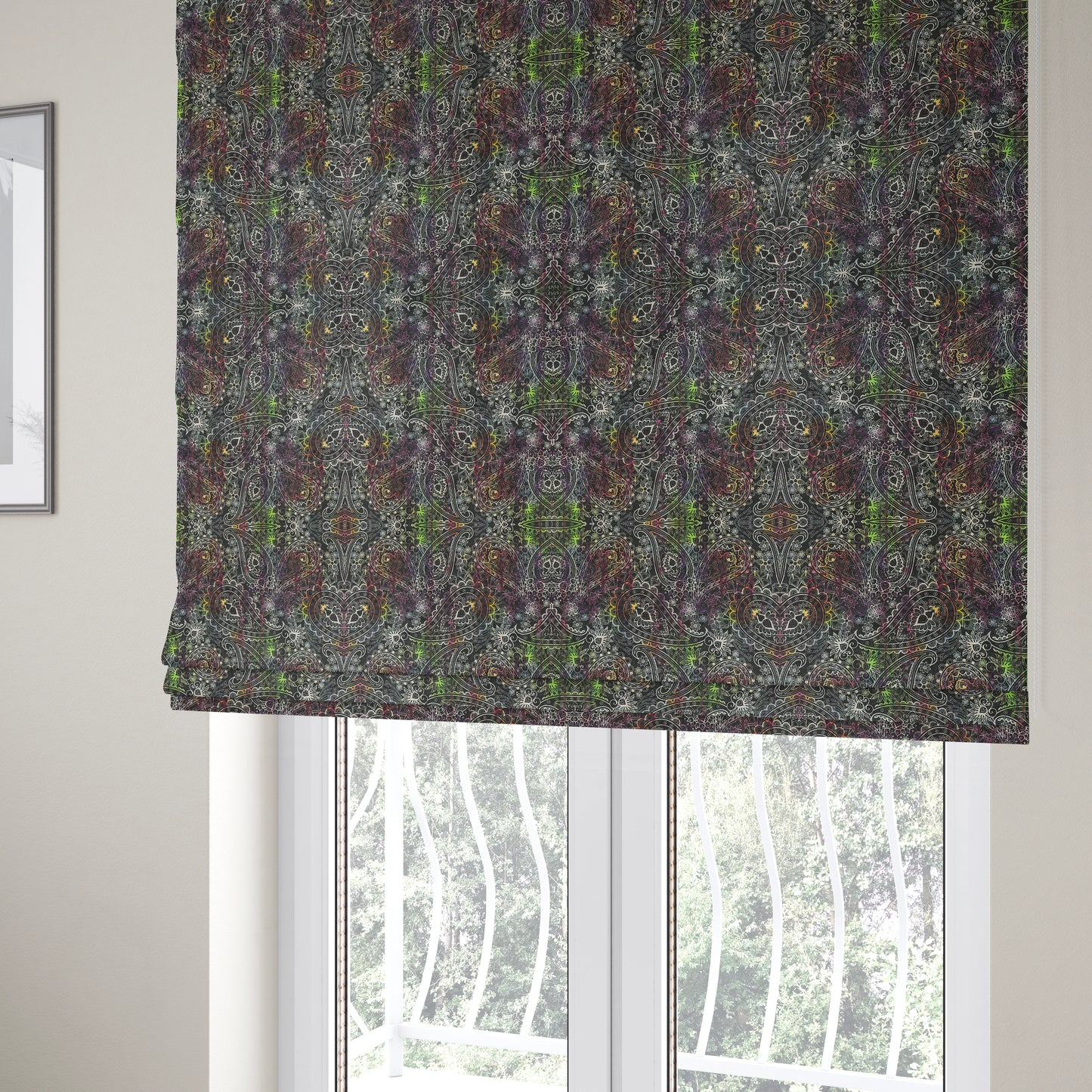 Glamour Floral Collection Print Velvet Upholstery Fabric Black Colourful Paisley Pattern CTR-975 - Roman Blinds