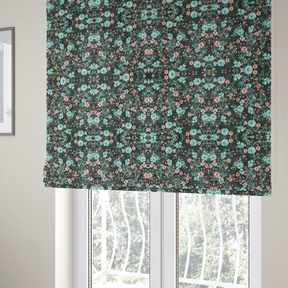 Glamour Floral Collection Print Velvet Upholstery Fabric Black Colourful Floral Pattern CTR-981 - Roman Blinds