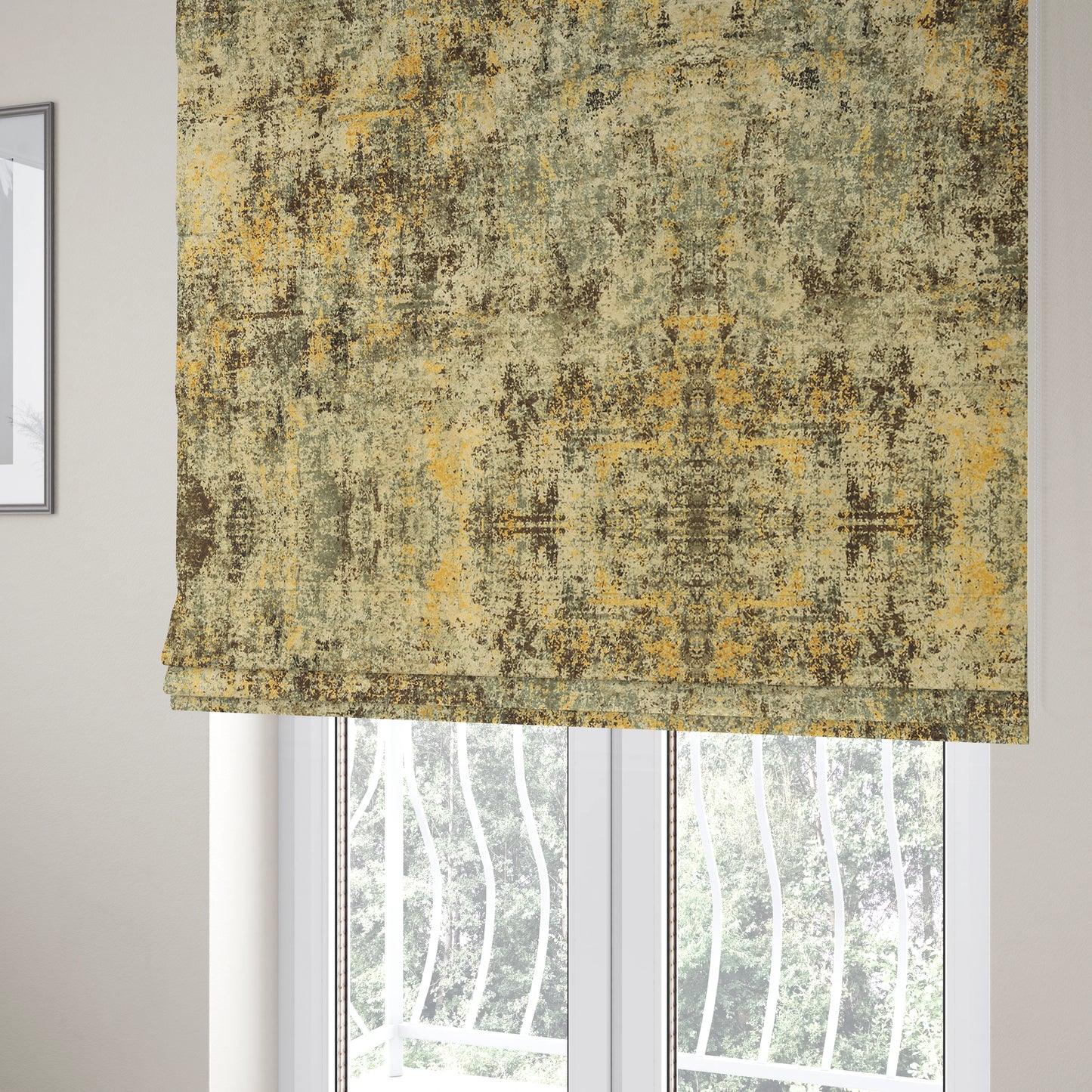 Glamour Art Collection Print Velvet Upholstery Fabric Brown Yellow Grey Colour Abstract Camouflage Plain Pattern CTR-988 - Roman Blinds