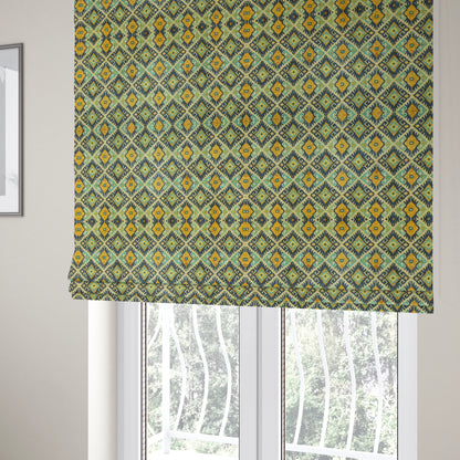 Glamour Art Collection Print Velvet Upholstery Fabric Blue Yellow Tribal Diamond Geometric Pattern CTR-993 - Roman Blinds