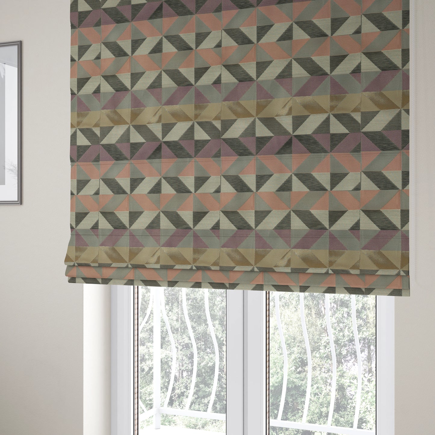 Cannes Art Deco Geometric Pattern Pink Purple Grey Tones Coloured Upholstery Fabrics - Roman Blinds