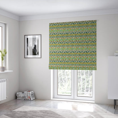 Cannes Art Deco Geometric Pattern Green Teal Blue Tones Coloured Upholstery Fabrics - Roman Blinds