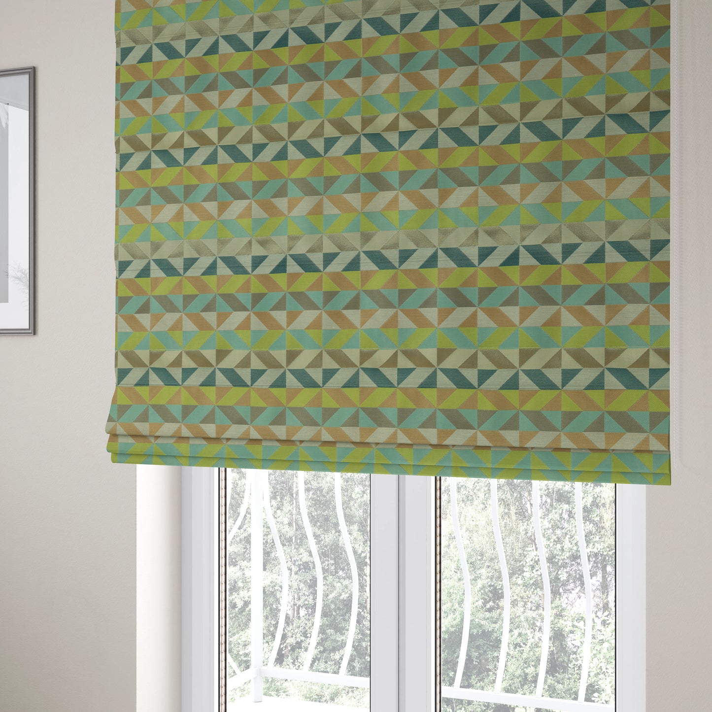 Cannes Art Deco Geometric Pattern Green Teal Blue Tones Coloured Upholstery Fabrics - Roman Blinds