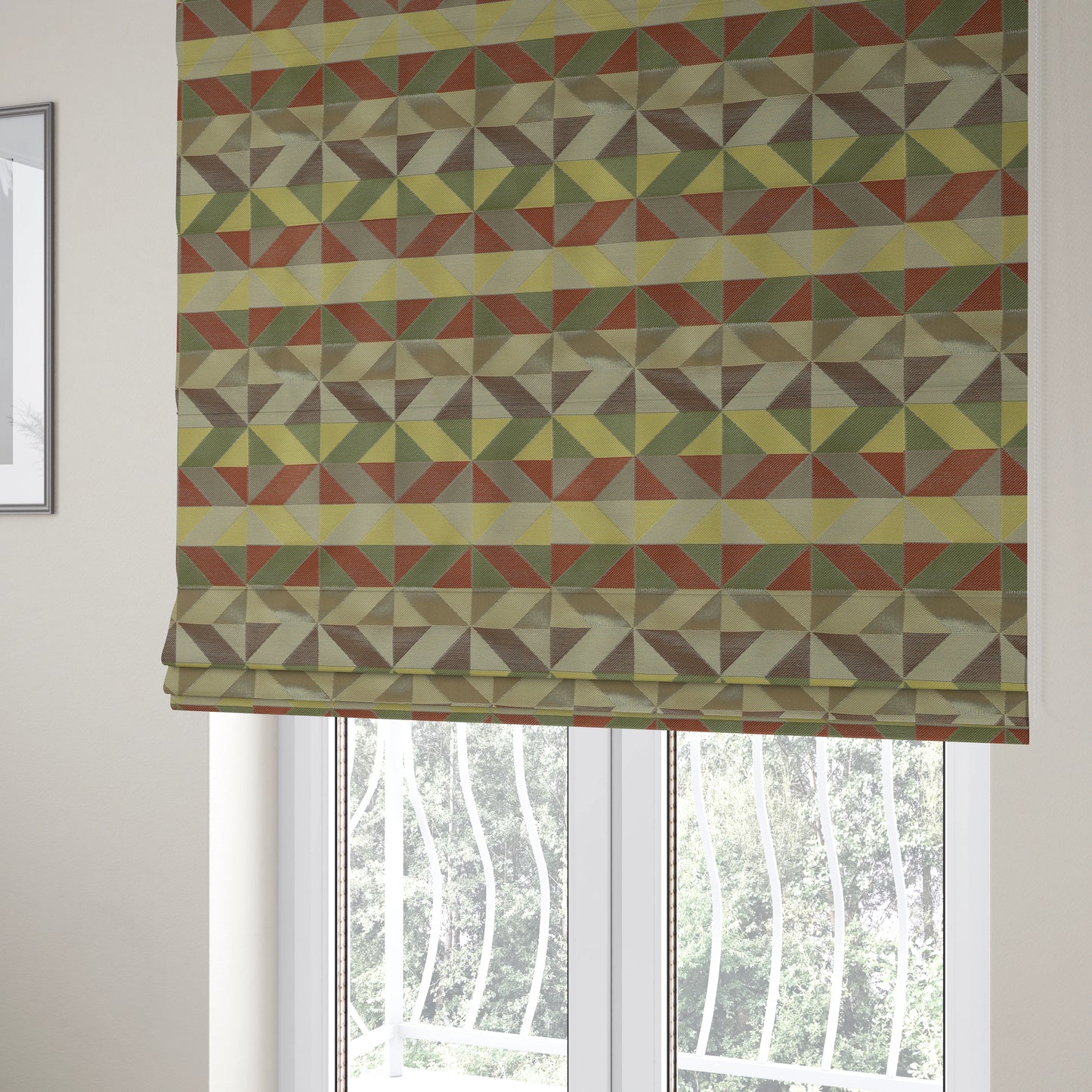 Cannes Art Deco Geometric Pattern Green Orange Brown Yellow Tones Coloured Upholstery Fabrics - Roman Blinds