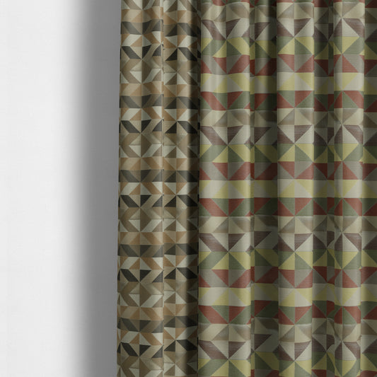 Cannes Art Deco Geometric Pattern Green Orange Brown Yellow Tones Coloured Upholstery Fabrics - Made To Measure Curtains