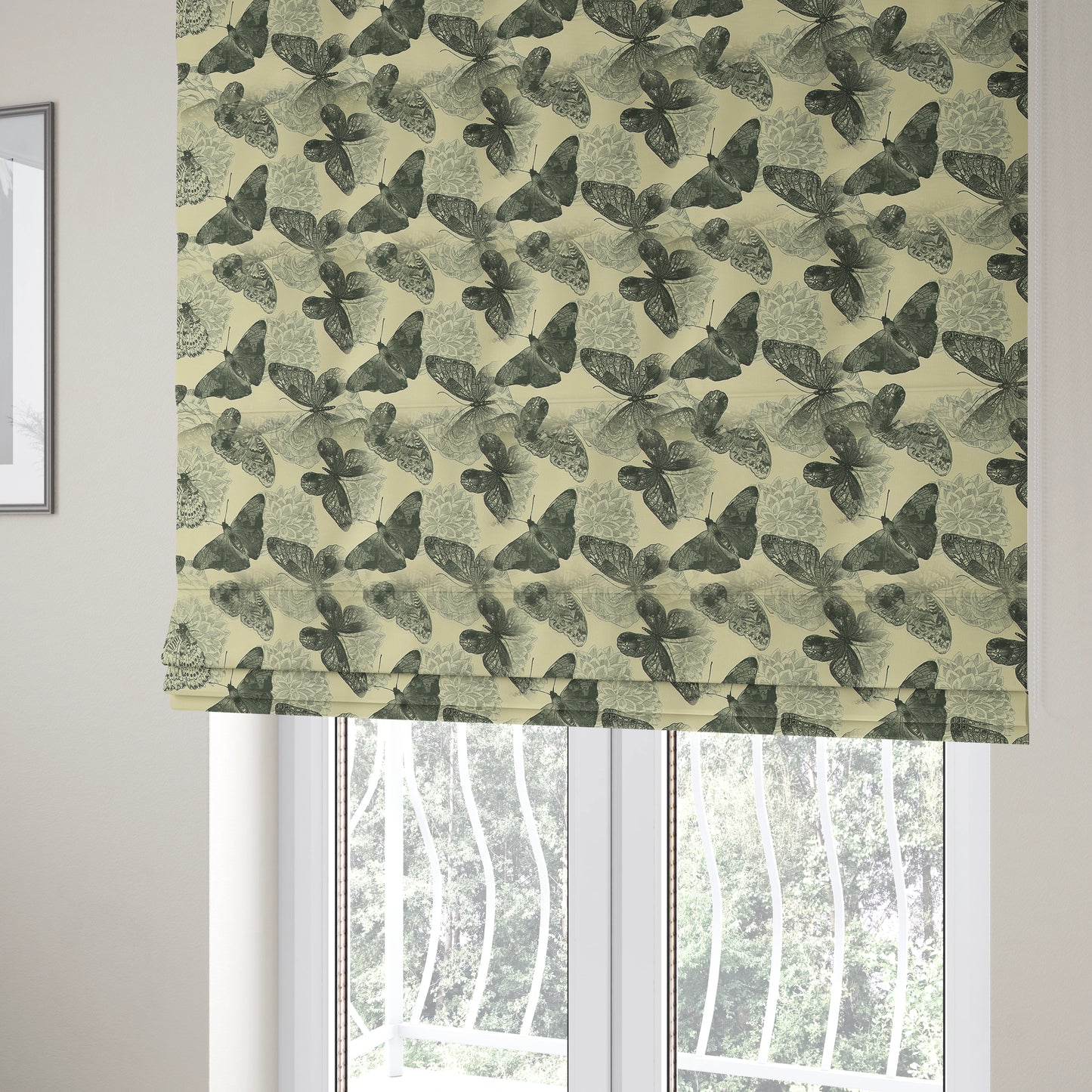 Beth Butterfly Pattern Grey White Colours Printed Linen Effect Upholstery Fabrics - Roman Blinds