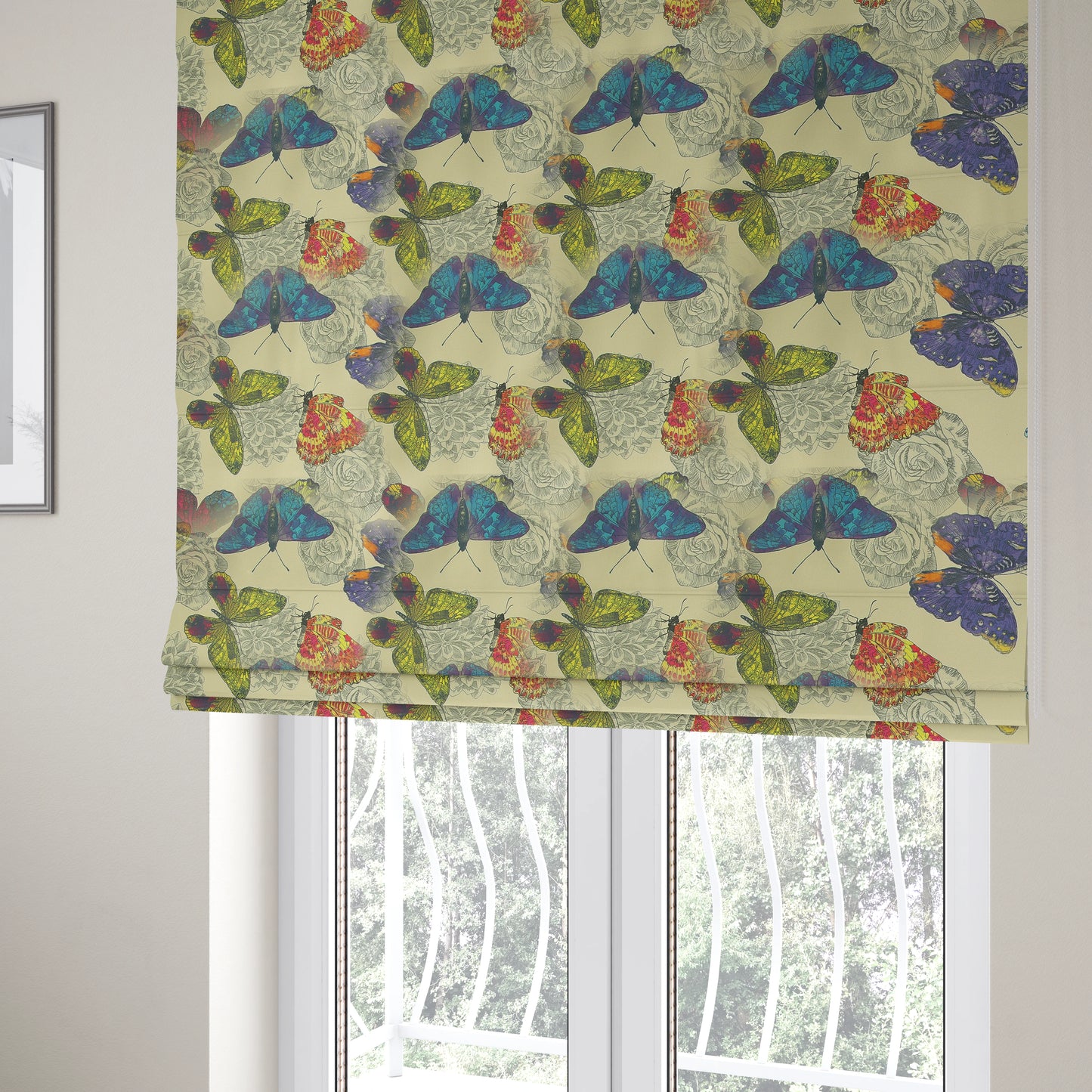 Beth Butterfly Pattern Tropical Yellow Blue Pink Colours Printed Linen Effect Upholstery Fabrics - Roman Blinds