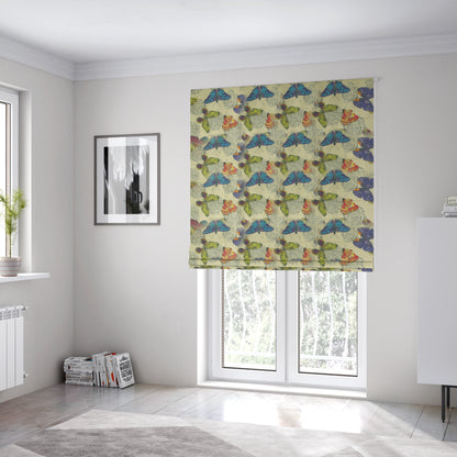 Beth Butterfly Pattern Tropical Yellow Blue Pink Colours Printed Linen Effect Upholstery Fabrics - Roman Blinds