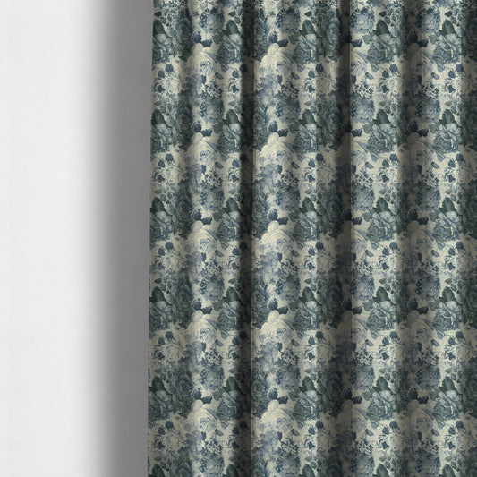 Aliza Floral Pattern Blue Colour Printed Chenille Upholstery Fabric - Made To Measure Curtains