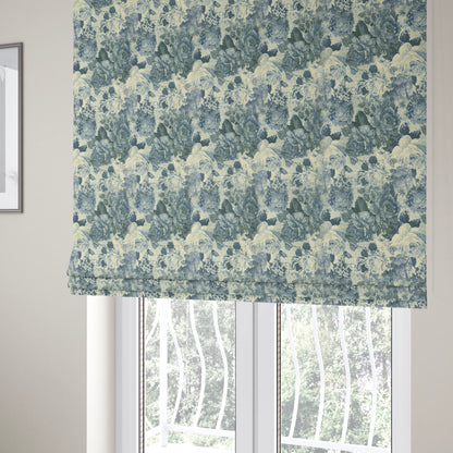 Aliza Floral Pattern Blue Colour Printed Chenille Upholstery Fabric - Roman Blinds