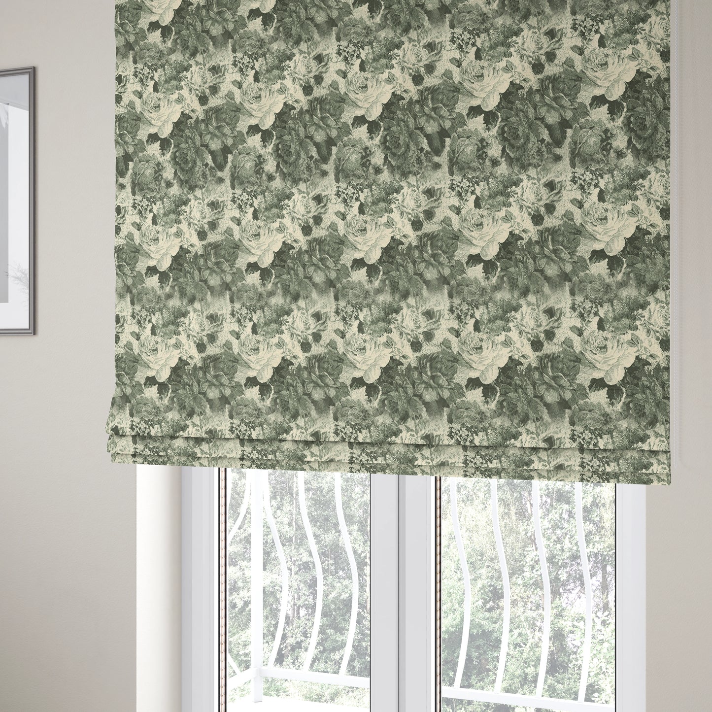 Aliza Floral Pattern Grey Black Colour Printed Chenille Upholstery Fabric - Roman Blinds