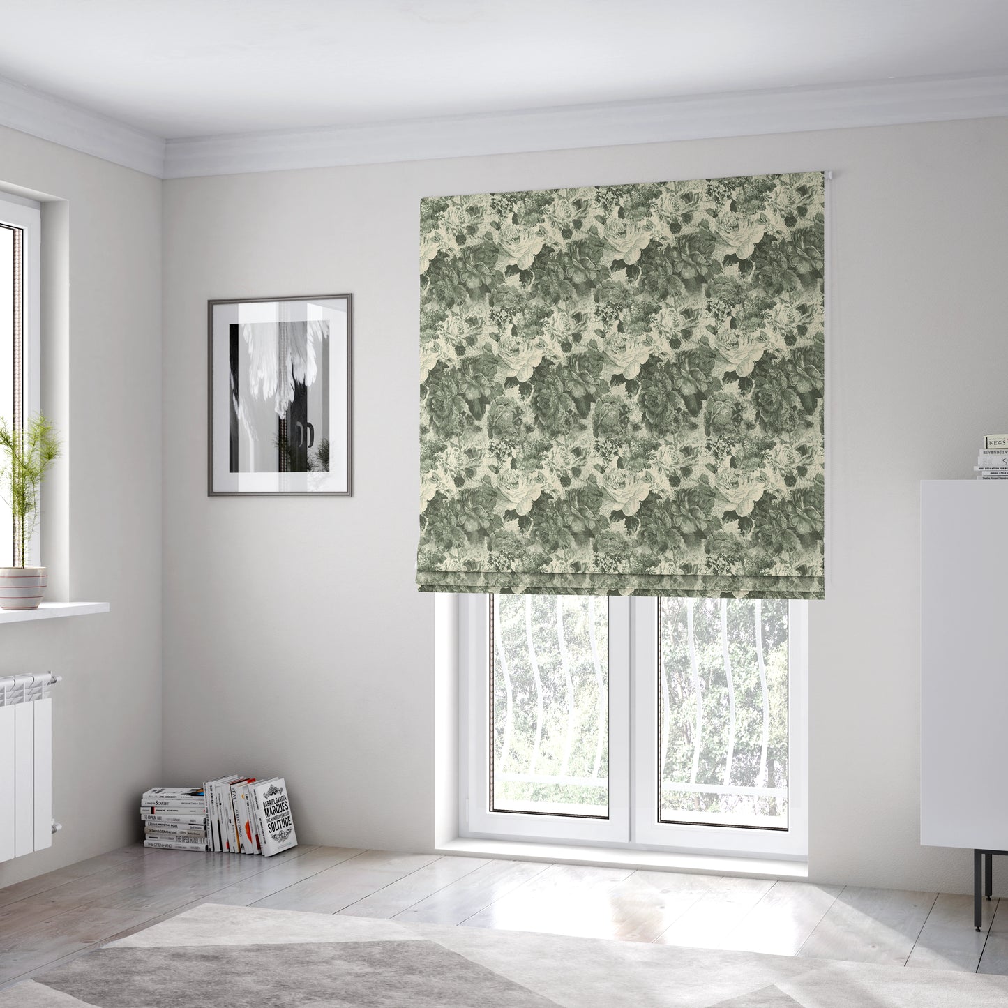 Aliza Floral Pattern Grey Black Colour Printed Chenille Upholstery Fabric - Roman Blinds