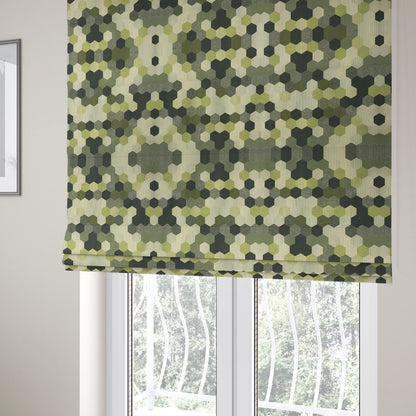 Hannah Geometric Pattern Lime Green Grey White Colour Printed Chenille Upholstery Curtain Fabrics - Roman Blinds