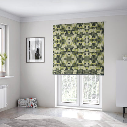 Hannah Geometric Pattern Lime Green Grey White Colour Printed Chenille Upholstery Curtain Fabrics - Roman Blinds